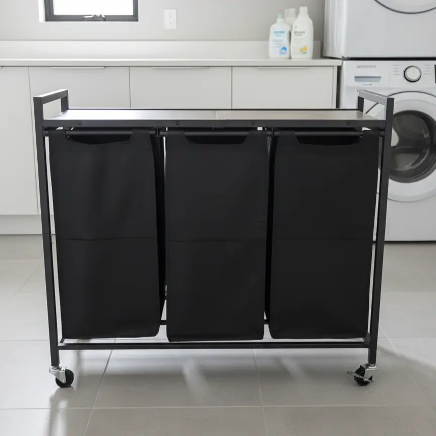 Three compartment laundry sorter with measurements and detachable bags