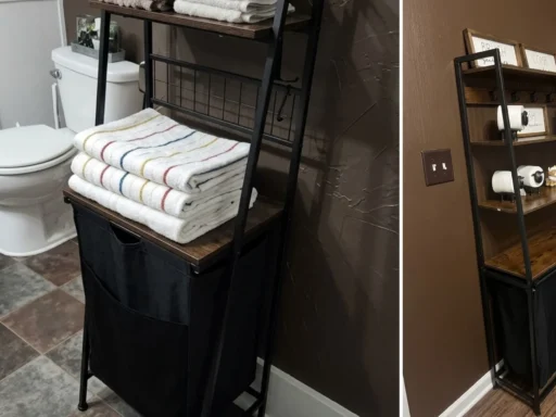 Furnulem laundry hamper with 2 tiers wooden shelf and hooks